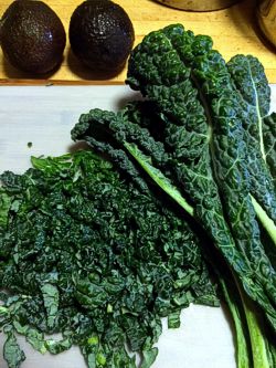 Basic Kale Salad made with Lacinato (Dinosaur) or Curly kale, avocado, lemon and salt.